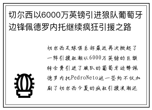 切尔西以6000万英镑引进狼队葡萄牙边锋佩德罗内托继续疯狂引援之路 切尔西以6000万英镑引进狼队葡萄牙边锋佩德罗内托继续疯狂引援之路